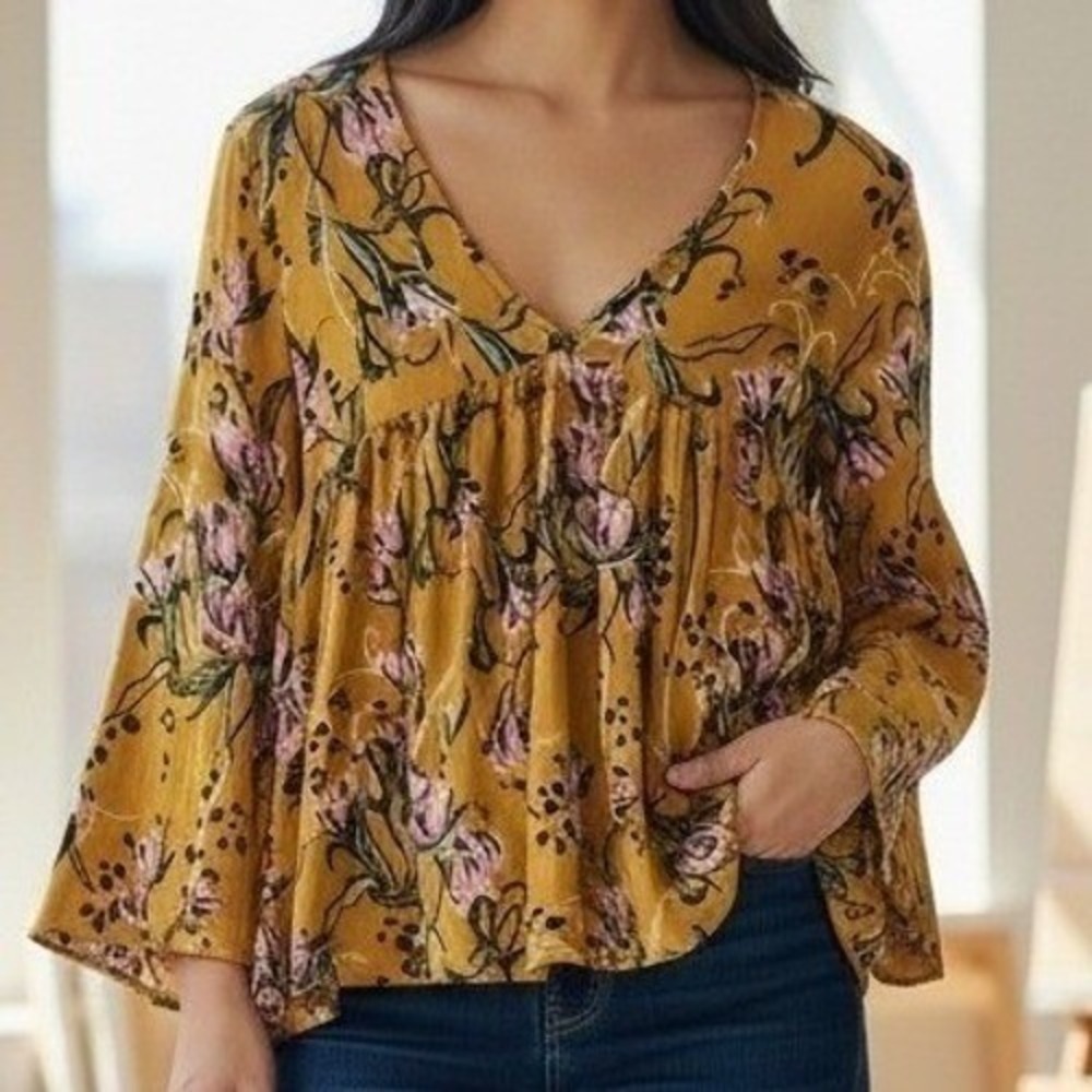 Free People Bella Floral Babydoll Blouse Medium Yellow Boho Bell Sleeve Festival - Picture 2 of 7